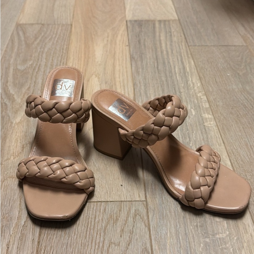 DV by Dolce Vita Braided Double Strap Block Heel Sandals in Nude Tan